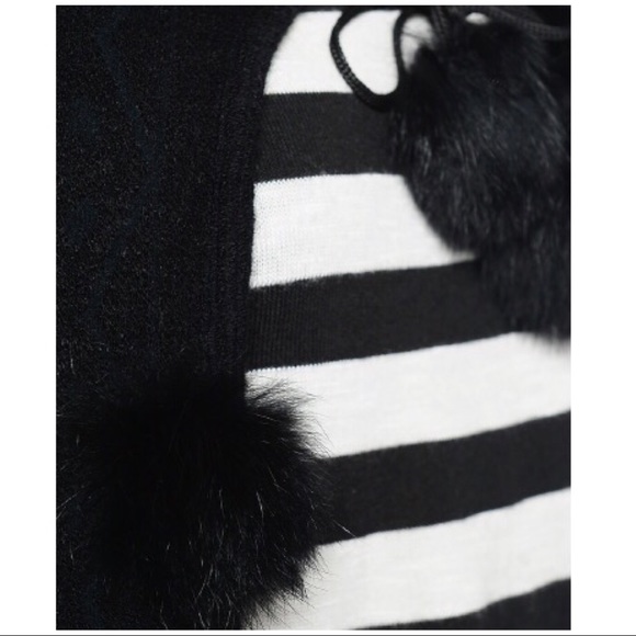 Black Faux Fur Pom Pom Tie Front Winter Shawl Wrap - Picture 6 of 7